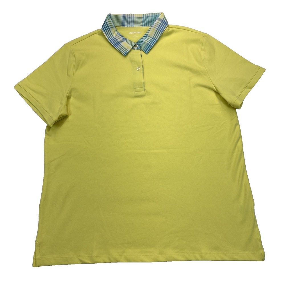 Lands' End Golf Polo Women's Large Yellow with Plaid Collar Short Sleeves Tennis